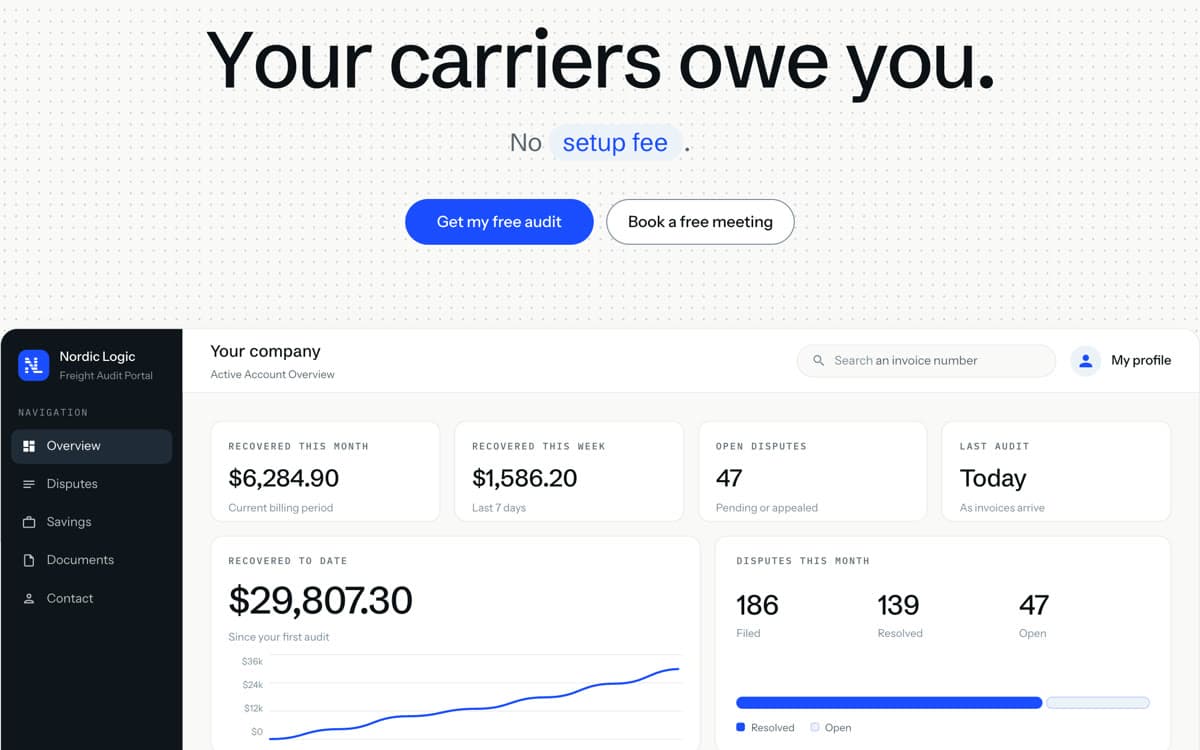 Nordic Logic's home page: Your carriers owe you, over the client portal's overview